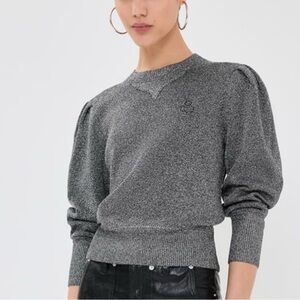 New Isabel Marant Kelaya Metallic Grey Puff Sleeve Logo Sweater Size 34 US 2